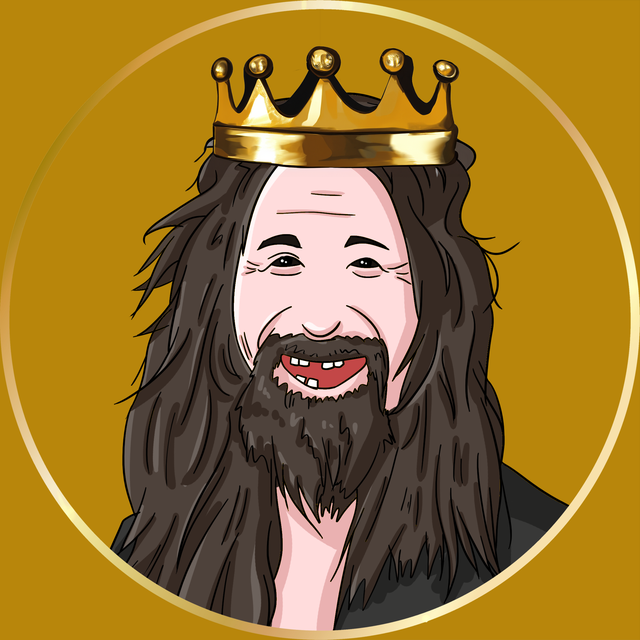 The Rich Tramp mascot: a laughing bearded tramp wearing a gold crown